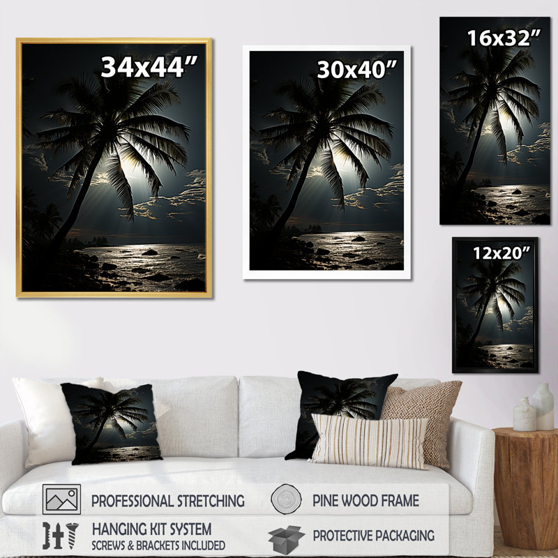 Palmier au clair de lune ébène sur toile, H 40 po x l 30 po x P 1,5 po, Cadre flottant doré