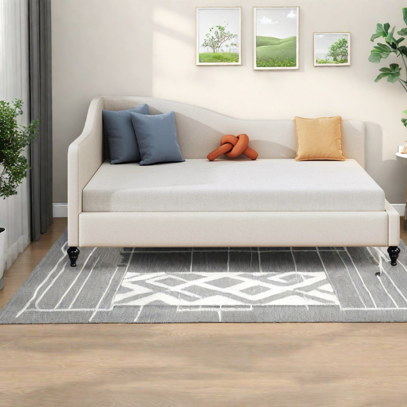 Lits doubles polyvalents en forme de L, lin beige et bois massif