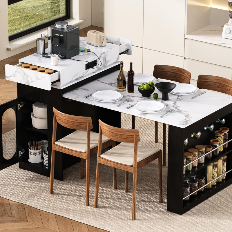 Îlot de cuisine extensible avec rangements astucieux, crochets et prise électrique - Table à manger blanche en marbre noir, angles arrondis modernes, tiroirs dissimulés, prise électrique