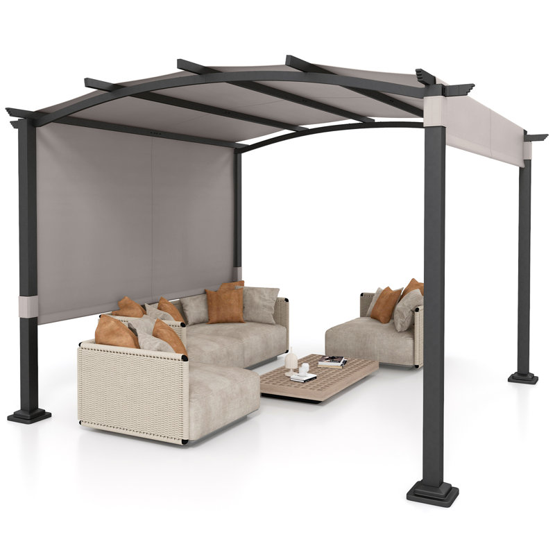 305 X 305 Cm Outdoor Pergola W/ Retractable Sunshade Canopy Arched Patio Garden Shelter, Grey