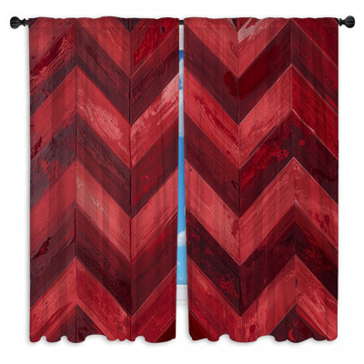 Rideaux de fenêtre à chevrons rouges avec texture de bois et voilage - 2 panneaux