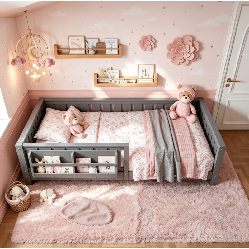 Twin Floor Bed With Slats And Safety Guardrail, Twin Size Montessori Floor Bed With Fence And Built-in Bookshelf, Easy Assemble Montessori Beds For Kids, Girls, Boys,gray