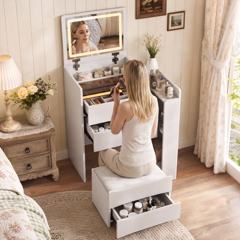 Ensemble de coiffeuse de maquillage 3 en 1 blanc cassé avec miroir tactile et tabouret de rangement, coiffeuse à compartiments multiples pour chambre