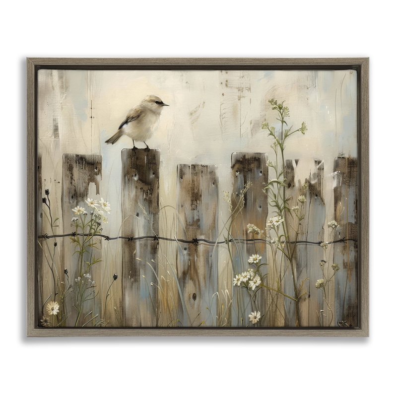  Art mural sur toile flottante avec clôture, oiseau perché à la campagne par Arlington Prints, H 25 po x l 31 po
