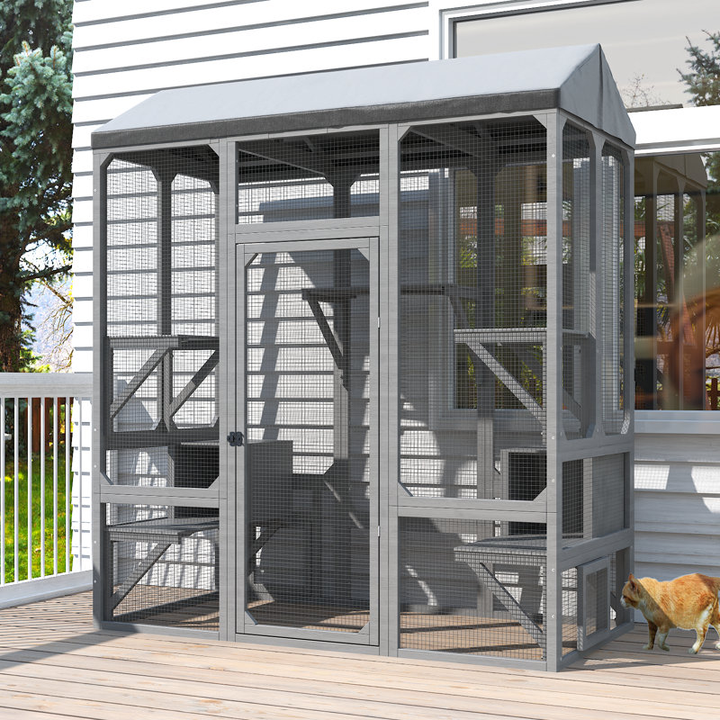 Catio extérieur 72 po avec 7 plateformes, imperméable et résistant aux rayons UV pour plusieurs chats, Gris