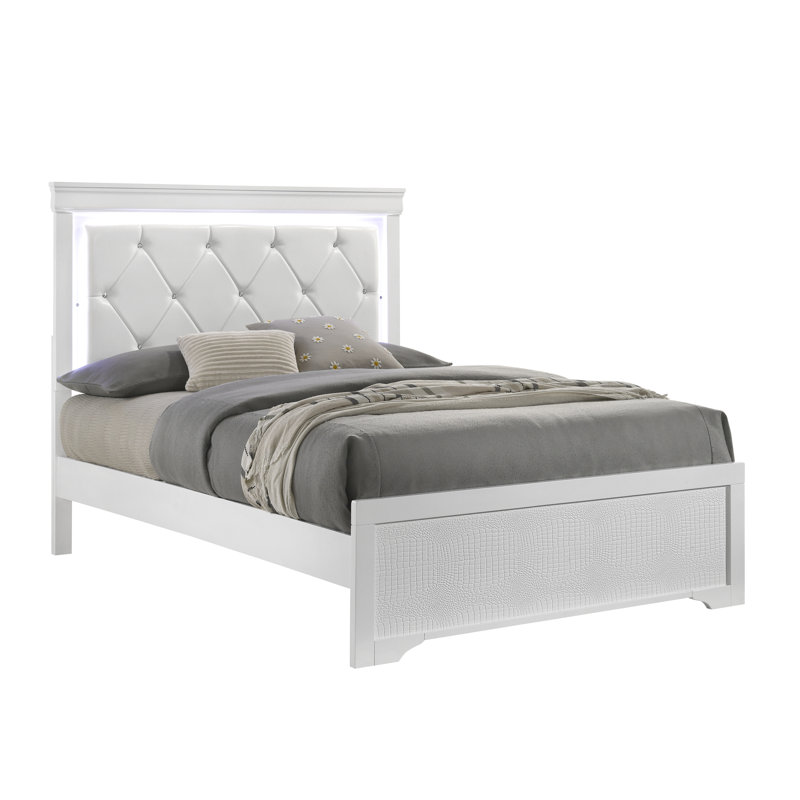 Grand lit rembourré Blaze de style moderne avec tête de lit à DEL et bois blanc