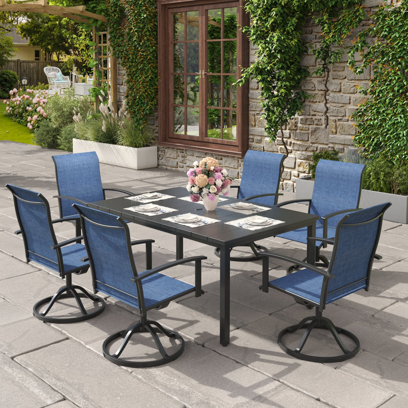 6-Person Outdoor Rectangular Patio Dining Set With Swivel Armchairs, Black/Blue