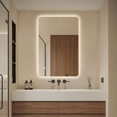 UL Certified Modern Backlit LED Rounded Rectangle Bathroom Mirror,Tempered Glass Anti-Fog 3 Color Dimmable with Memory Function