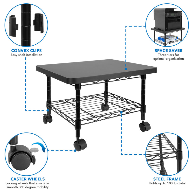 Sleek Black Steel 2-Tier Under-Desk Printer Cart with Wheels