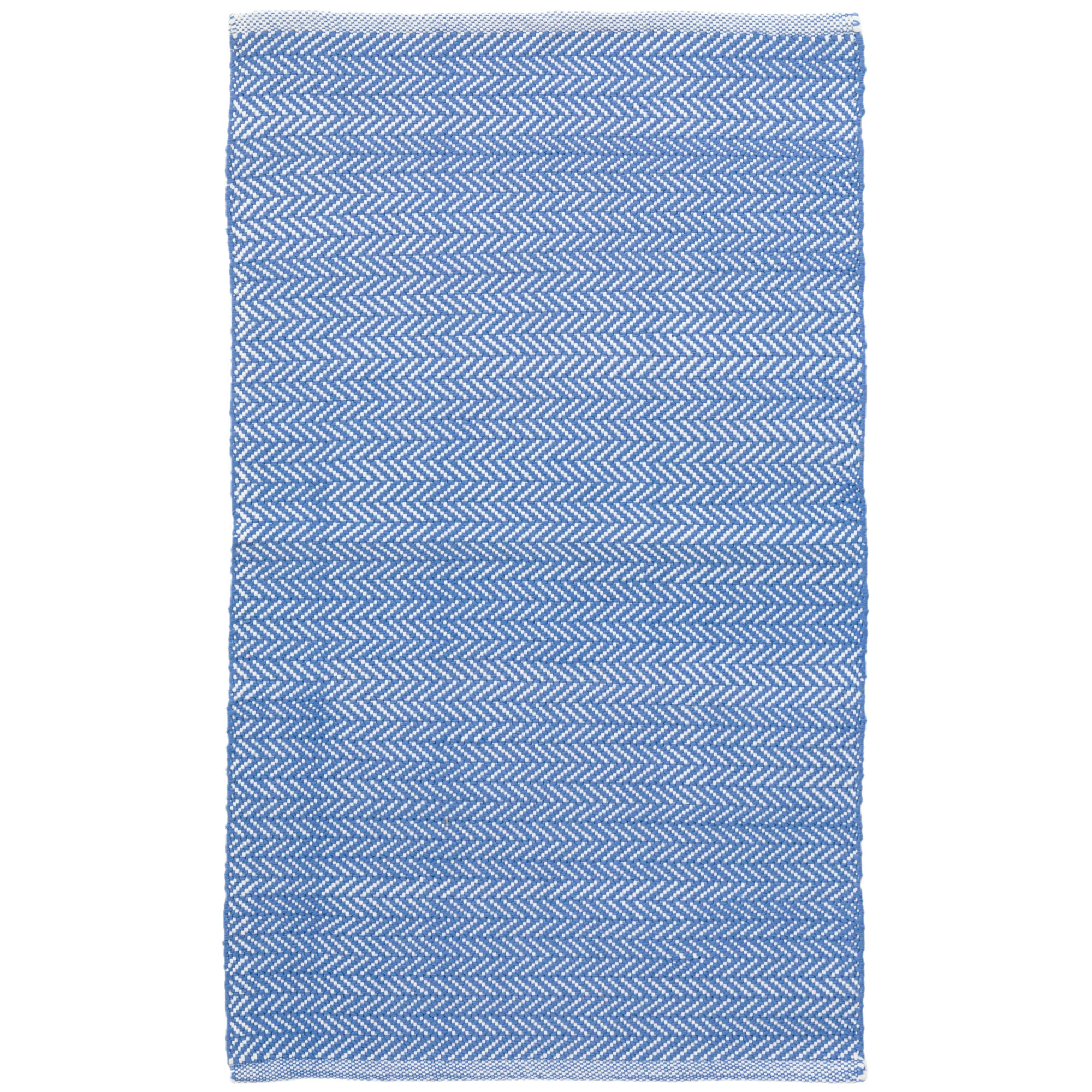 Herringbone French Blue/White Handwoven Indoor/Outdoor Rug, Runner 2'6" x 12'