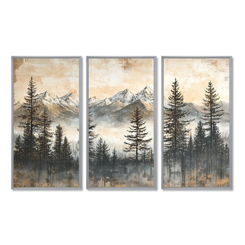 Timber and Peaks Mountain Simplicity in Winter IV - Art mural de grandes montagnes - 3 panneaux, Argent argent