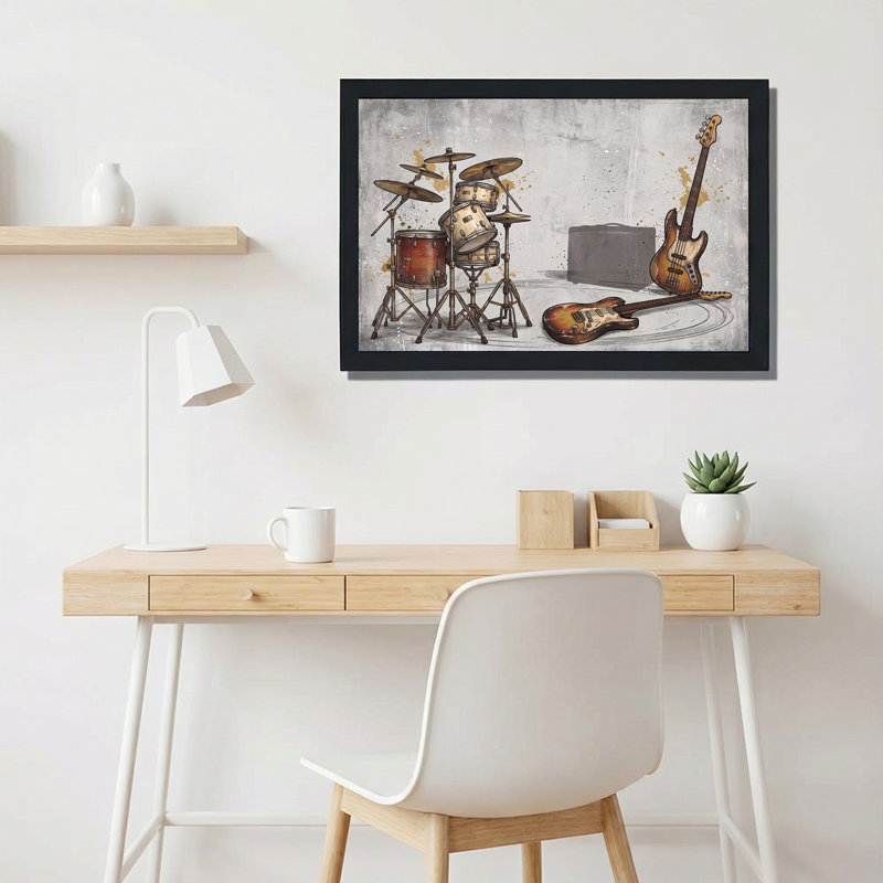 Tableau mural sur toile texturée représentant une batterie et des guitares électriques, H 16 po x l 24 po