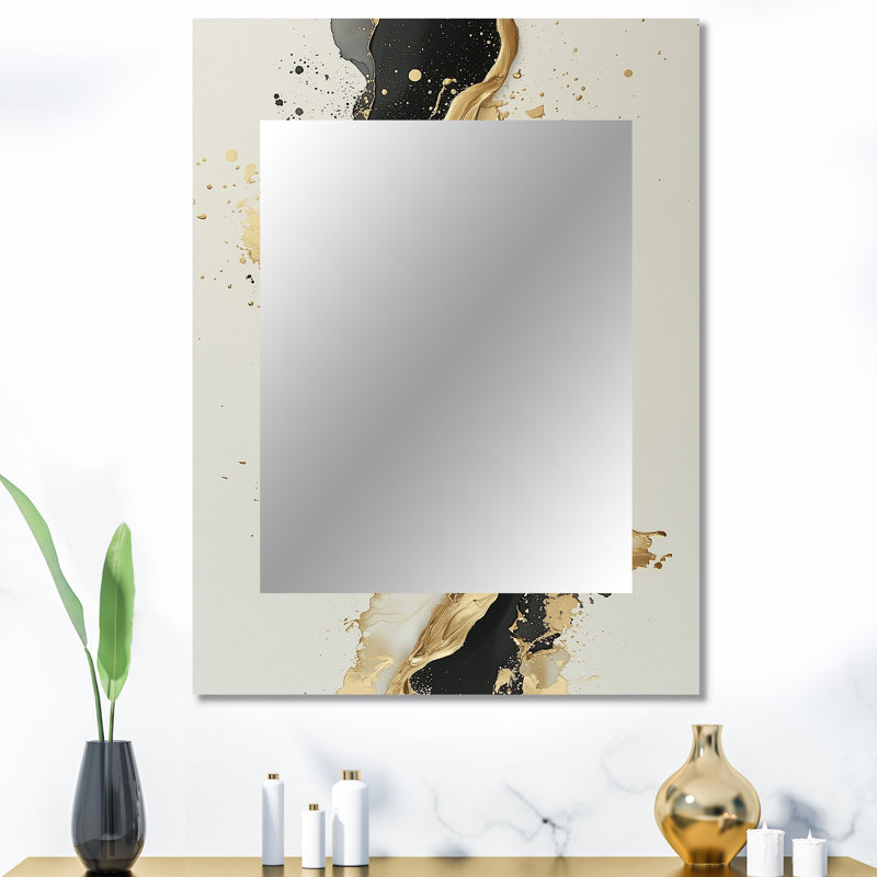 Goldern - transitionnel, transition de l'encre liquide foncé II - miroir décoratif transitionnel, miroir mural moderne, impression d'art en métal
