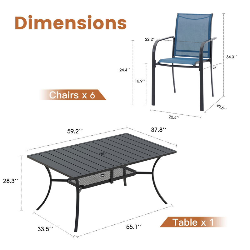 Ensemble repas d'extérieur rectangulaire pour 6 personnes avec parasol et chaises empilables Textilene, Bleu