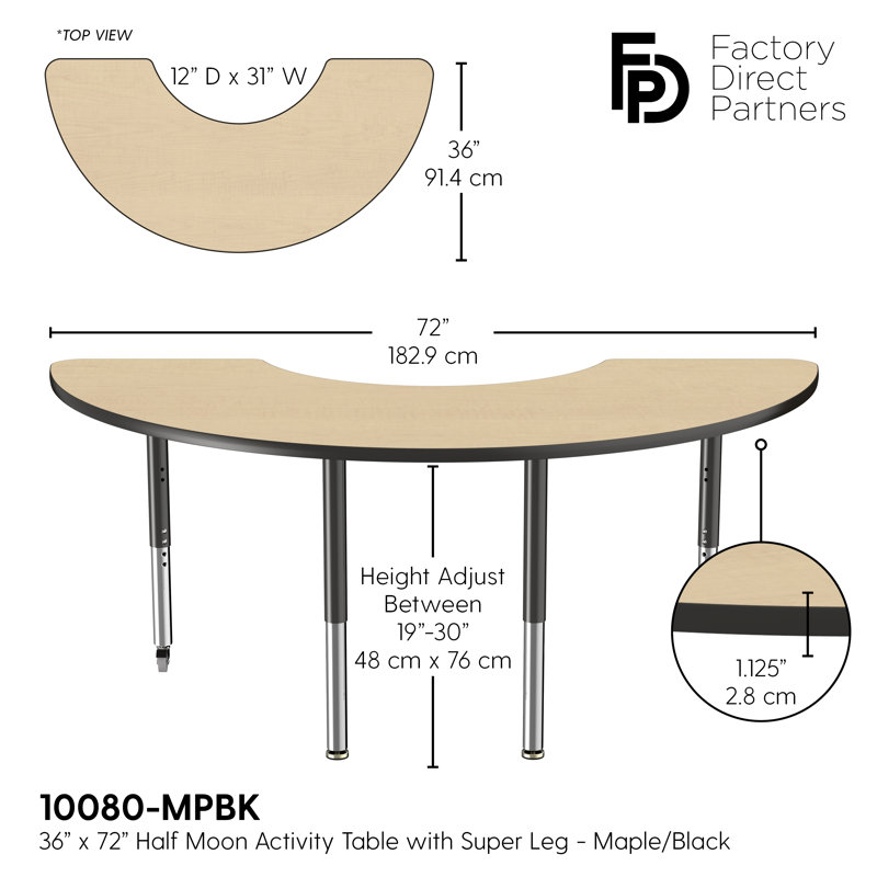 Table d'activité demi-lune 36 "x 72" avec pieds réglables, Érable / noir, Super