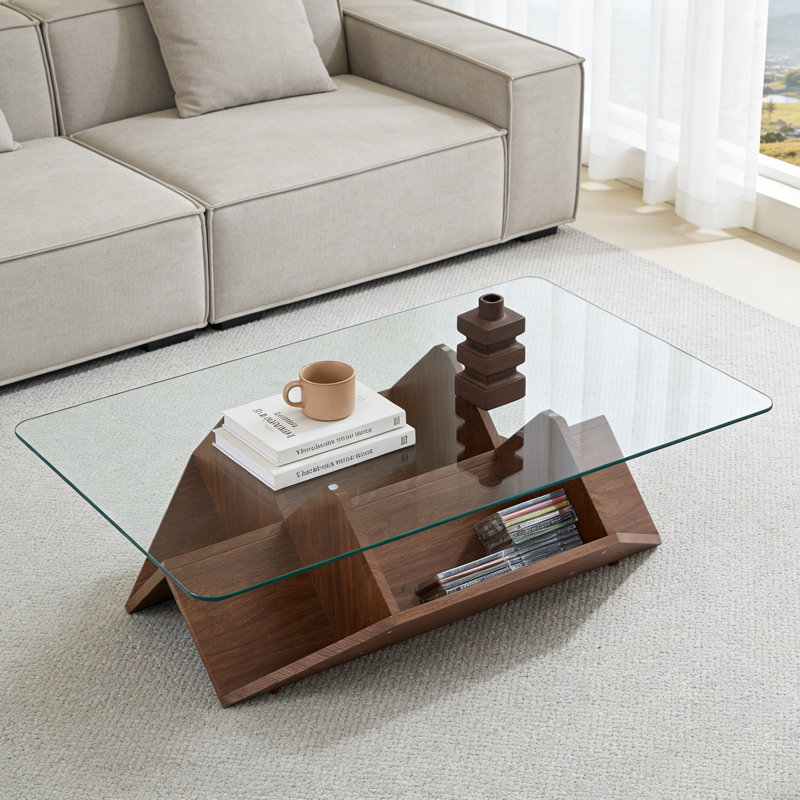 Tempered Glass & Mdf Coffee Table With Carved Knife Wood Grain, Multi-storage Open Compartments Coffee Table For Living Room Office Modern Home Decor