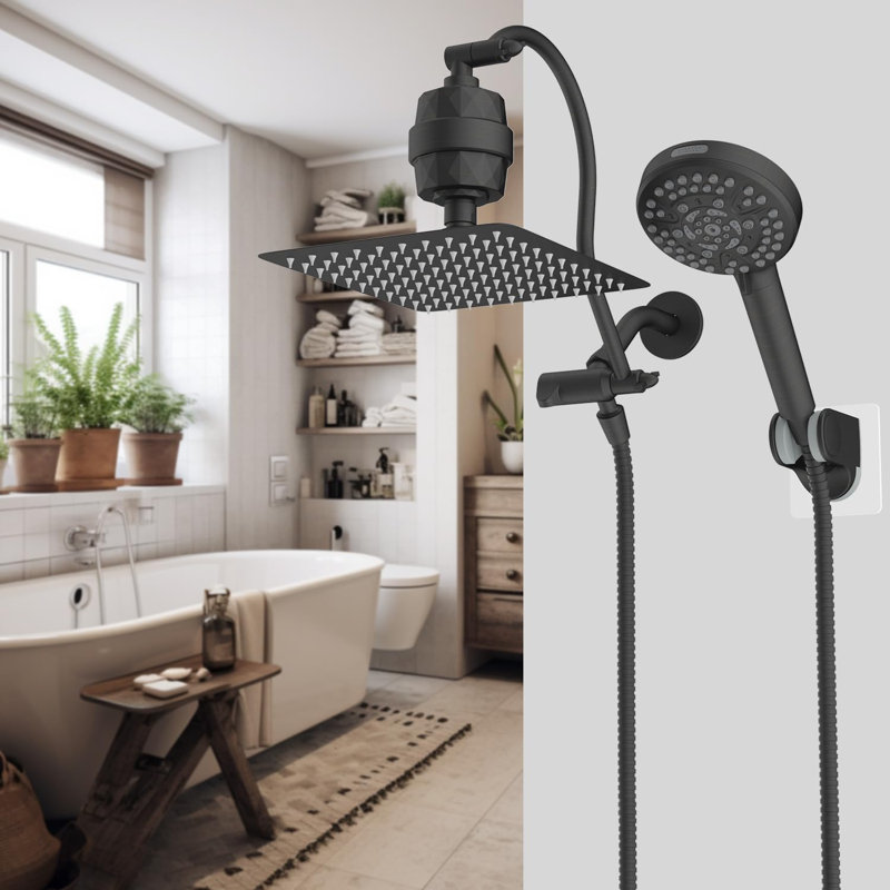 10'' Filtered Rainfall Shower Head Combo, High Pressure, 12'' Adjustable Curved Extension Arm, 20 Stage Shower Filter, 10-Spray, 71'' Hose