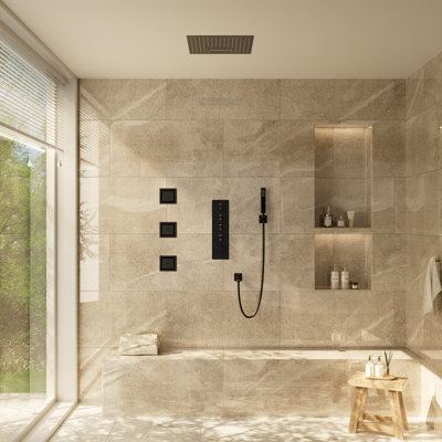 Système de douche thermostatique complet 16 "à 4 fonctions avec DEL et musique Bluetooth