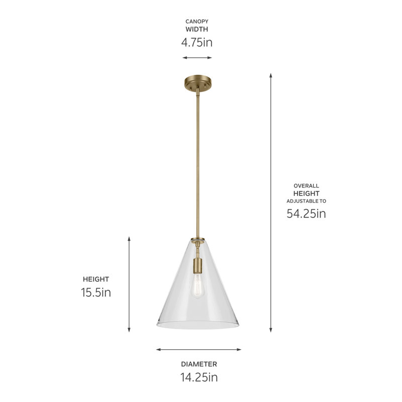 15.5" 1-Light Cone Pendant with Clear Glass, Natural Brass