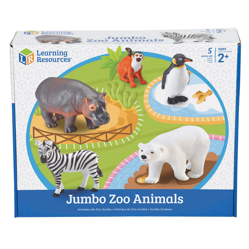 Jumbo Zoo Animal Figures Set with Polar Bear, Zebra, Hippo, Monkey, and Penguin