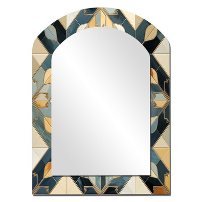 Sabanc Antique Beige And Blue Marrocan Tiles - Geometric Asymmetrical Decorative Mirror, Modern Arch Wall Mirror, Printed Metal Art
