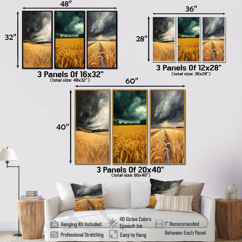 Blé doré de campagne sous les nuages de la tempête I - Collection d'art mural Meadow, H 40 po x l 60 po, Brun