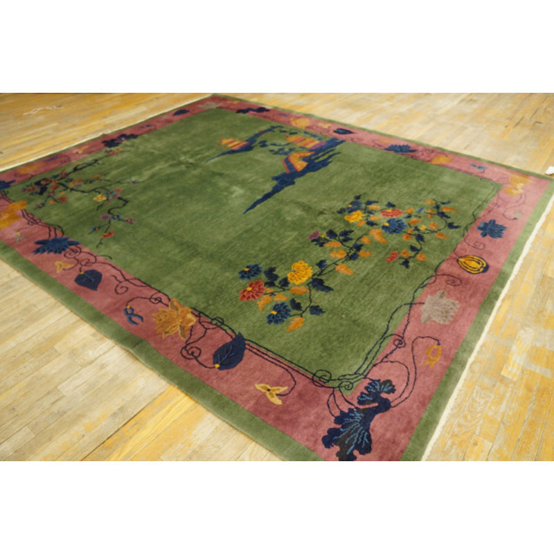 Antique Wool Pile Green Color Hand Knotted Chinese Art Deco Area Rug