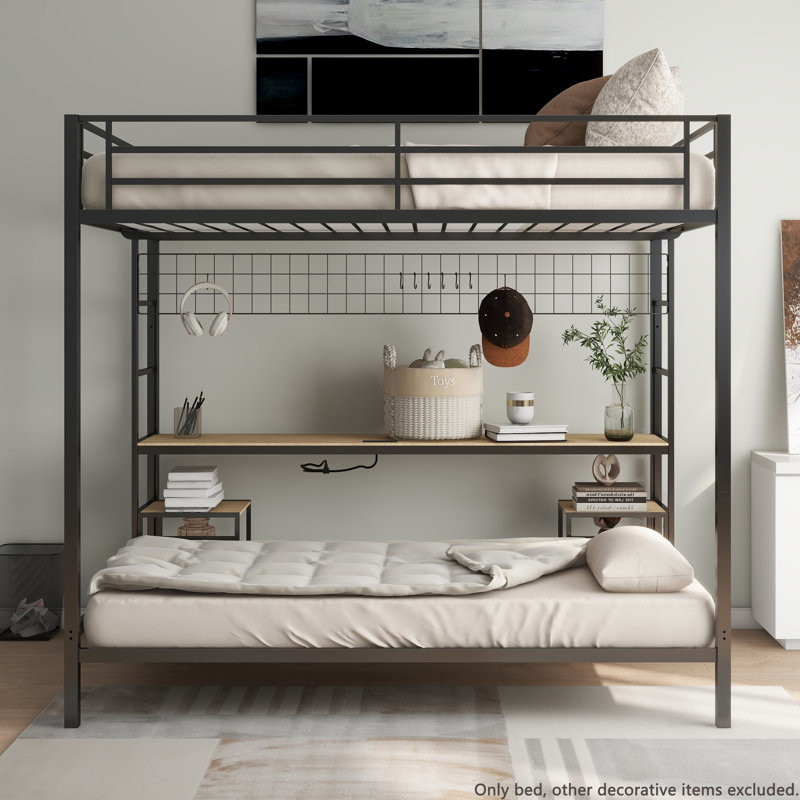 Ethan Full Over Twin Bunk Bed with Desk and Charging Station and Storage Shelves and Metal Wire Mesh Panel with Hooks for Teen,Safety Guard & Stairs,No Box Spring Needed, Black & Nature Oak
