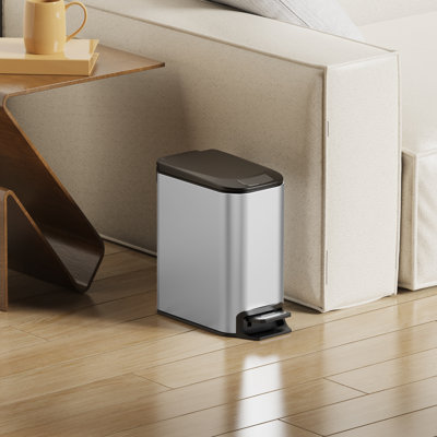 1.6 Gallon Slim Bathroom Trash Can – Soft‑Close Lid, Step Pedal, Removable Inner Liner, Stainless Steel Garbage Can for Bathroom, Bedroom, Office (Silver)