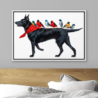 «Funny Dog and Birds Friendship - Colorful Whimsical Animal», reproduction d'art sur toile
