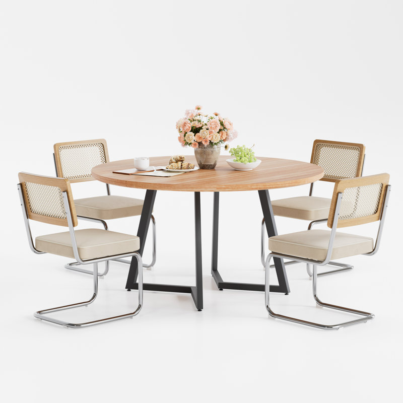 Ensemble de table de salle à manger Mid Century, 5 pièces: table, 4 chaises, Chêne, Beige/Argenté