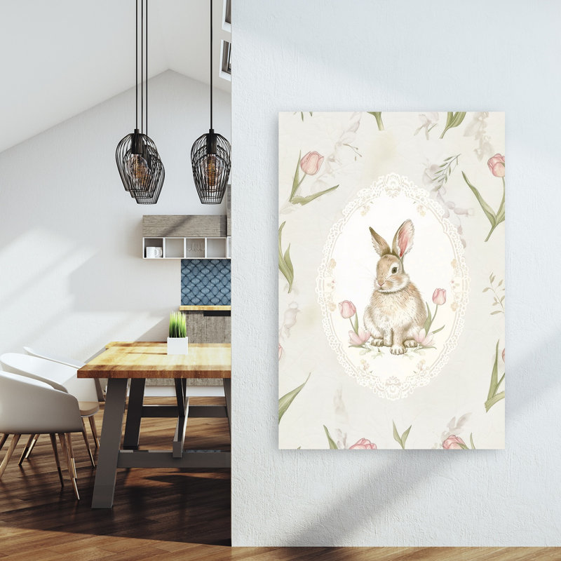 Doux lapin de Pâques délicat, reproduction de tulipe lapin rétro nature, impression murale, H 60 po x l 40 po