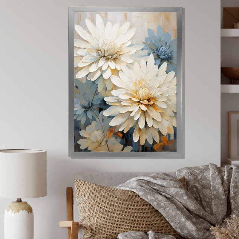 «Mums», peinture beige sur fond blanc et bleu sur toile, Cadre simple argenté, H 40 po x l 30 po x P 1,5 po