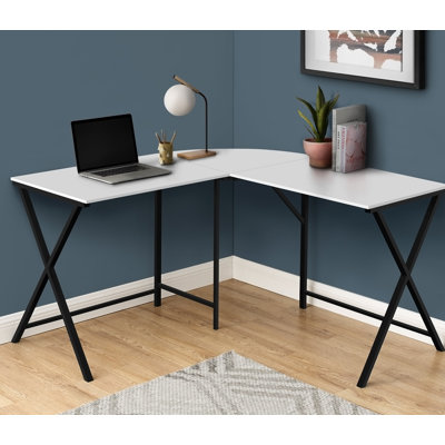 Contemporary L-Shape Computer Desk With Large White Laminate Top And Sturdy Black Metal Frame, Ideal For Home Office And Space Efficiency.