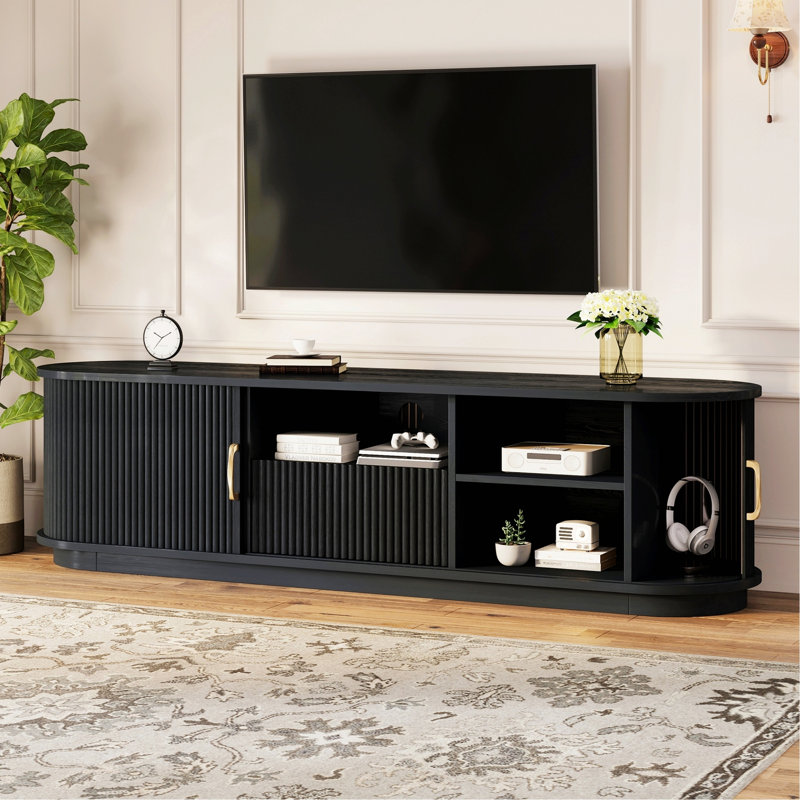Rustic TV Stand With Sliding Wood Slatted Doors For Tvs Up To 75", Farmhouse Fluted TV Cabinet With Drawer And Cable Management For Living Room, Bedroom