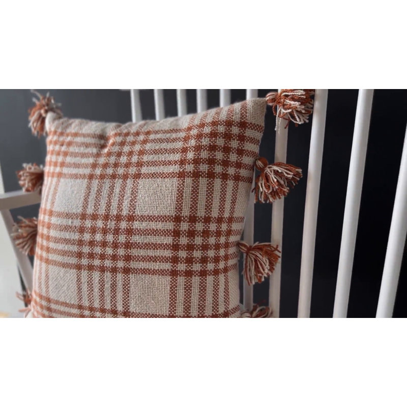 18x18 Inch Rust Plaid Outdoor Throw Pillow with Tassels