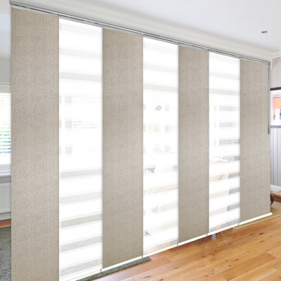 7-Panel Single Rail Panel Track Extendable 110"-153" W x 94"H, Panel Width 23.5", Macadamia, Iris