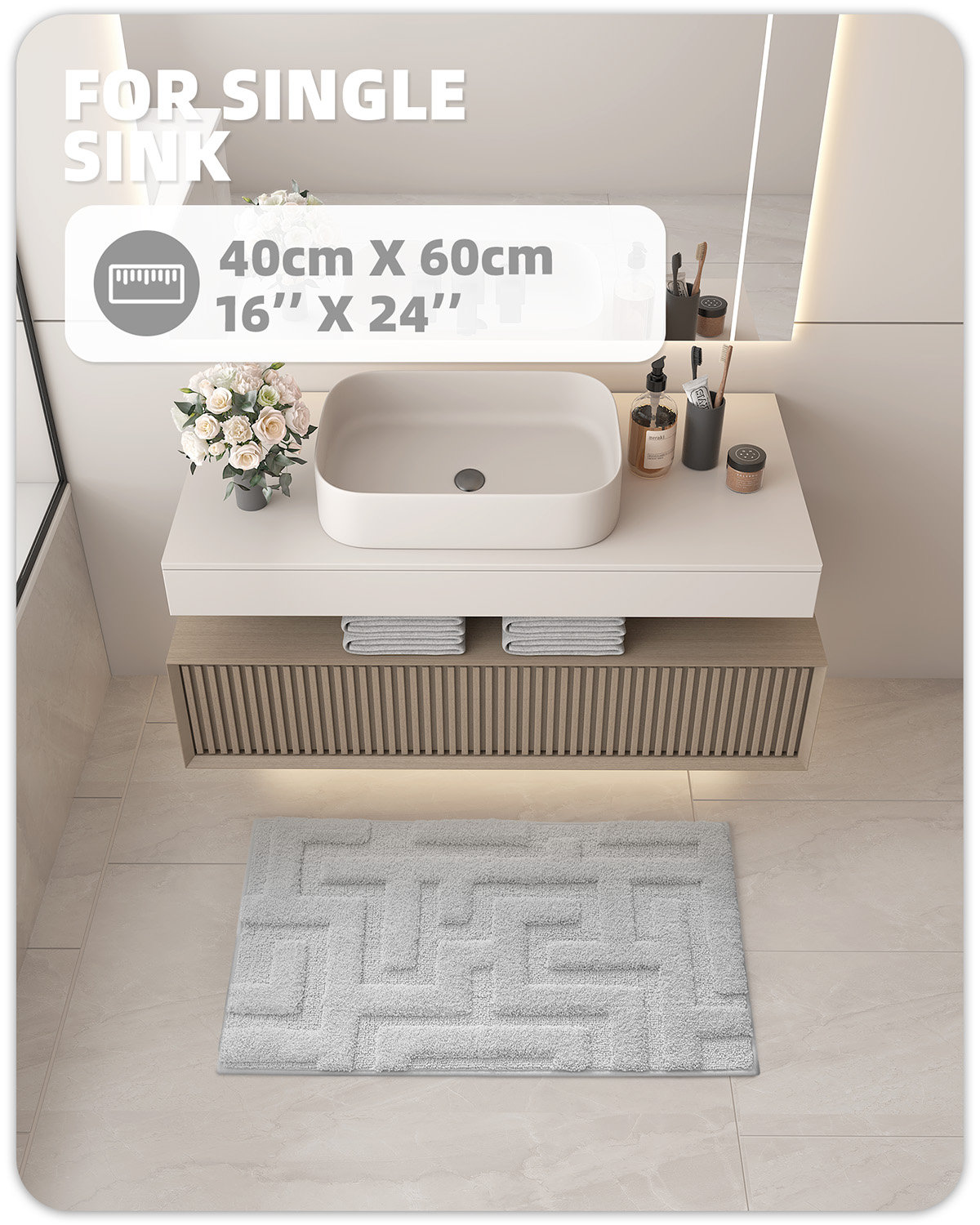 Non-Slip Bath Rug, 16" L x 24" W, Gray