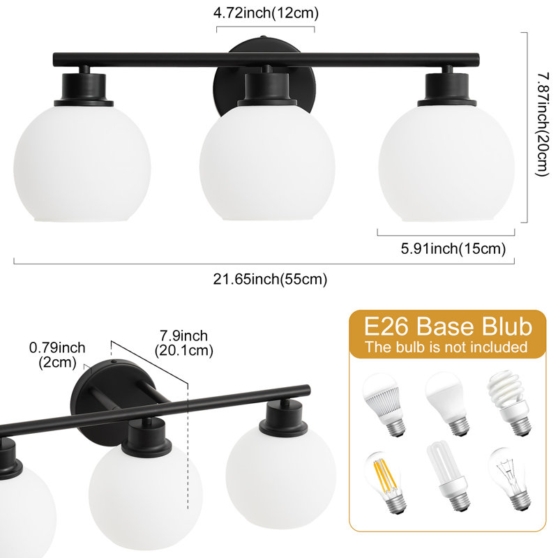 Kyller Modern light  Bathroom Vanity Lighting With Opal Globe Shades Dimmable Bathroom Light Fixtures, Matte Black, 3