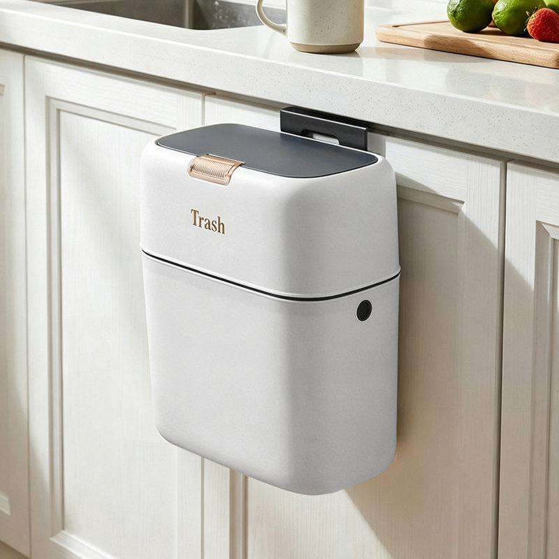 9L Hanging Rubbish Bin with Lid, White：gold
