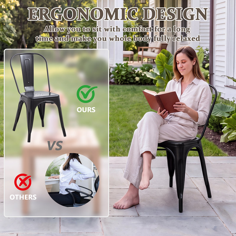 45cm Stackable Black Metal Patio Chairs, Industrial Tolix‑Style Side Chairs for Kitchen Patio Bistro