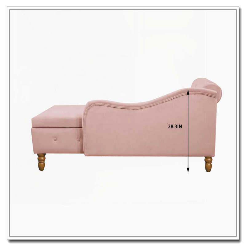 Chaise longue en velours avec rangement, coussin et garniture cloutée, Rose