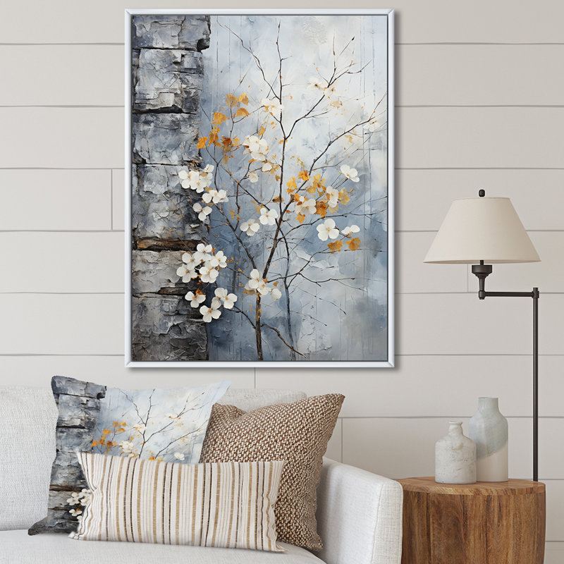 «Minimalist Granite Grape Leaves II», reproduction sur toile encadrée, Cadre flottant blanc, H 40 po x l 30 po x P 1,5 po