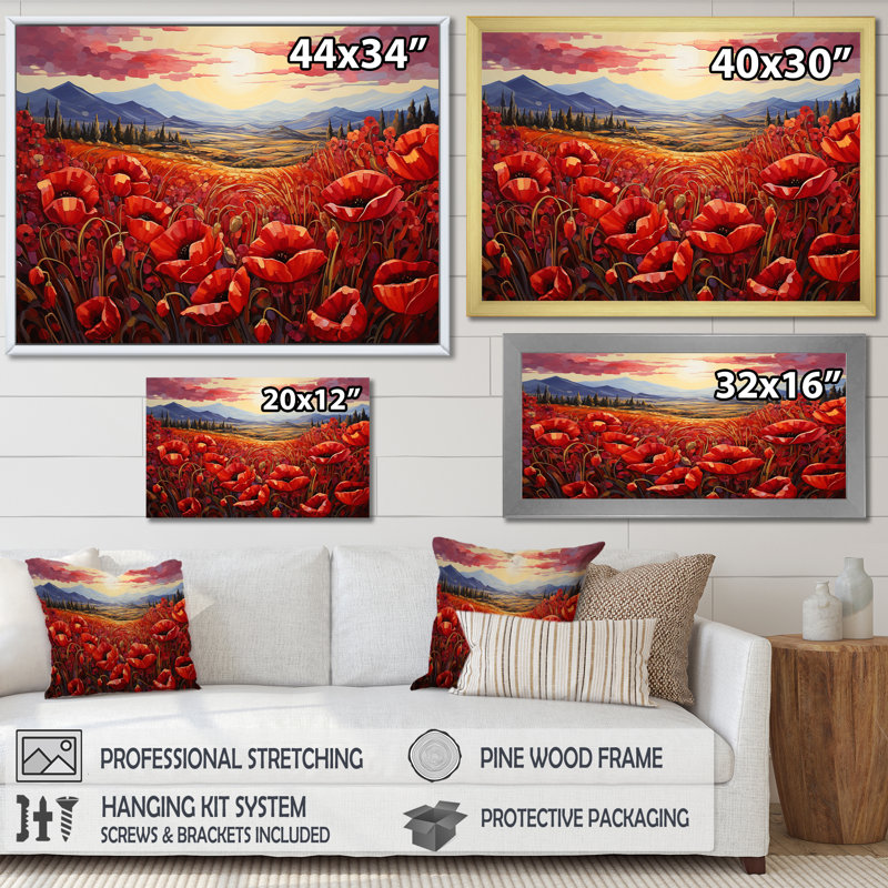 «Red Crimson Floweret Garden Serenade» sur impression sur toile, Cadre flottant doré, H 34 po x l 44 po x P 1,5 po