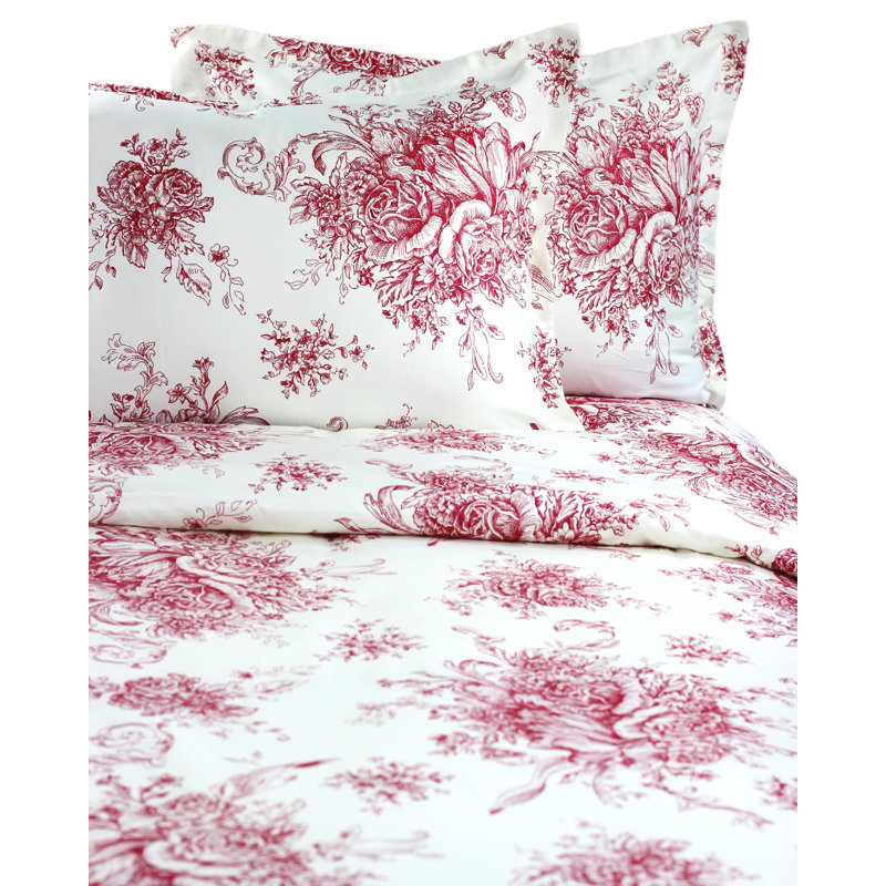 Benedictine Sateen Toile Duvet Cover, Red, Full/Queen Duvet Cover + 2 Standard Shams