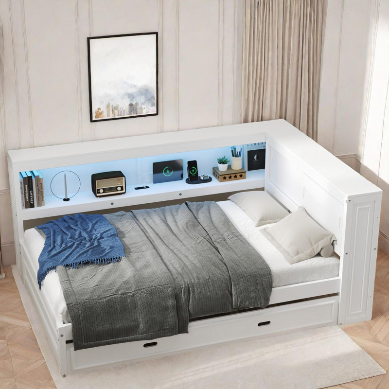 Sakima  Daybed With Storage Shelves, Charging Station, Led And Trundle, White