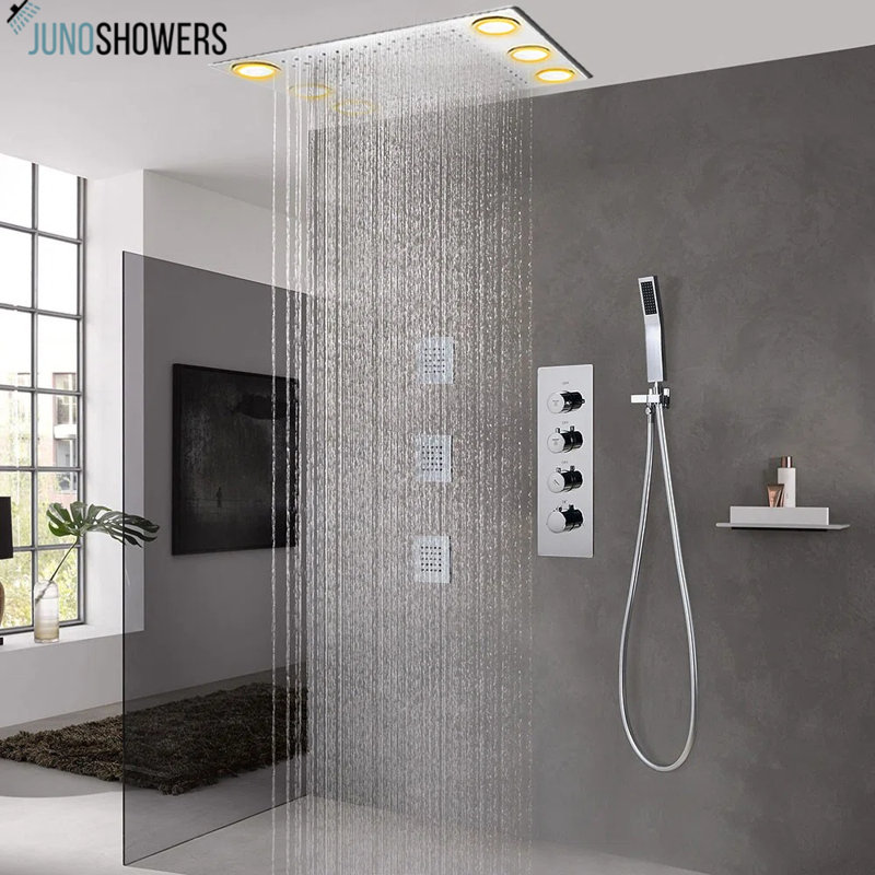 Juno 14*20 Inch Recessed Mount LED Shower Head & 3 Massage Body Shower Jets