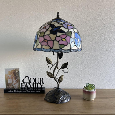 Haruko Tiffany Table Lamp Pink Blue Stained Glass Hummingbird Flowers Iron Metal Leaves LED Bulb  12"W*12"D*22"H