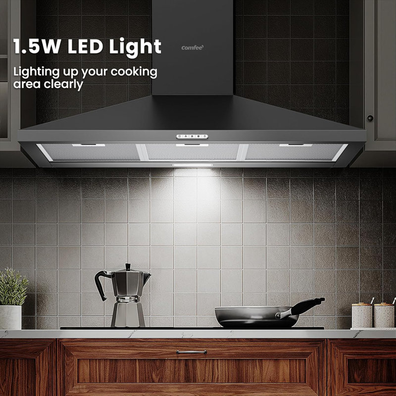 Black 90CM Wall-mounted 3-Speed Chimney Range Hood Cooker Extractor