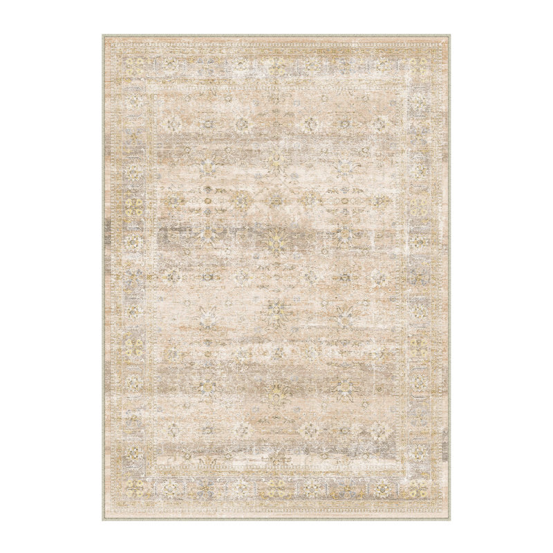 Ladonya Vintage Washable Beige Area Rug with Non-Slip Backing, Rectangle 3' x 5'